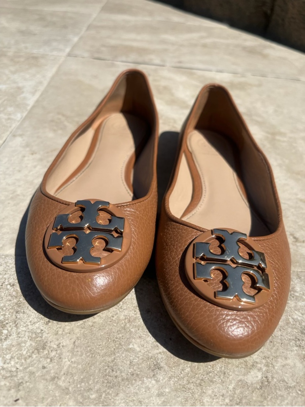 Tory Burch Brown Leather Logo Ballet Flats
